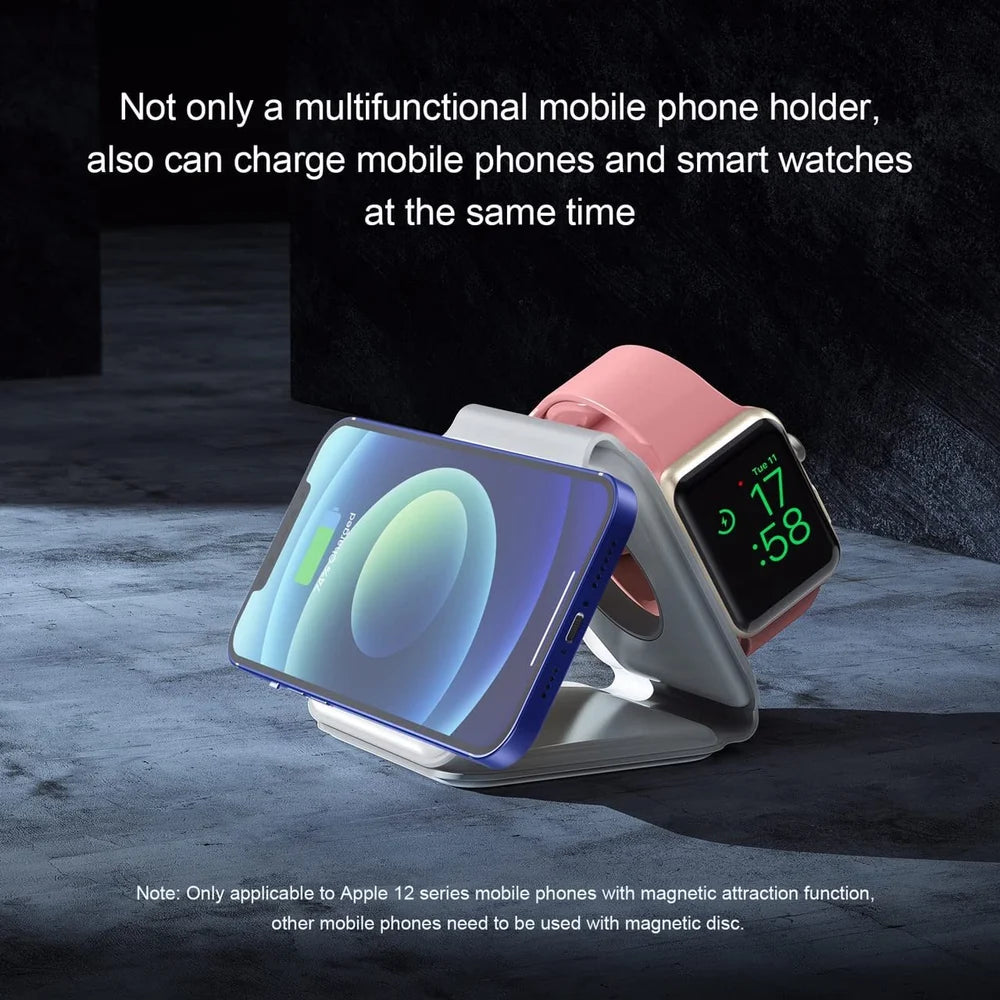 SMARTUNO | 3 in 1 Magnetic Foldable Wireless Charger Compatible for iPhone 15/14/13/12 Series | Compatible with AirPods 2/3/Pro & iWatch Series | MagSafe Compatible | White