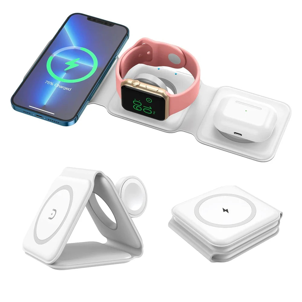 SMARTUNO | 3 in 1 Magnetic Foldable Wireless Charger Compatible for iPhone 15/14/13/12 Series | Compatible with AirPods 2/3/Pro & iWatch Series | MagSafe Compatible | White