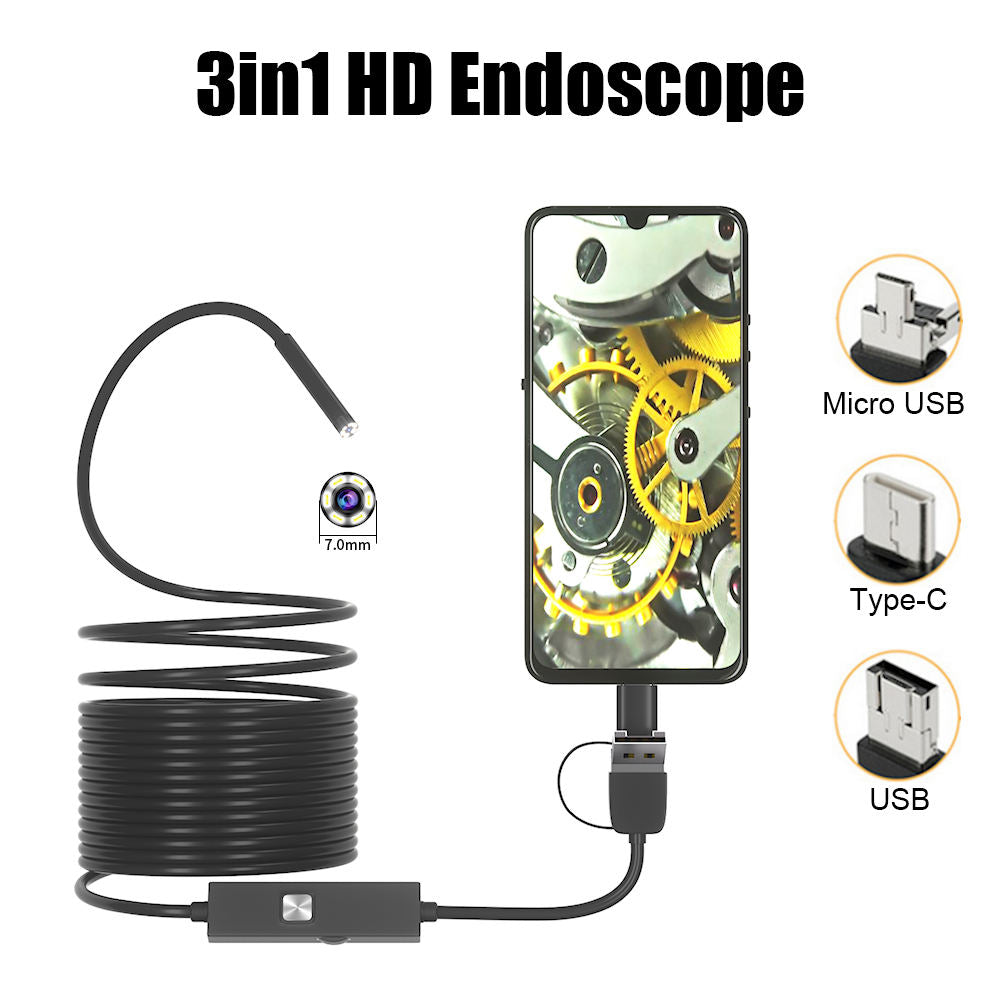 SMARTUNO™ 3-in-1 Endoscope Camera, Inspection Camera, Waterproof IP67, 6 LED, USB, Type-C & Android/PC