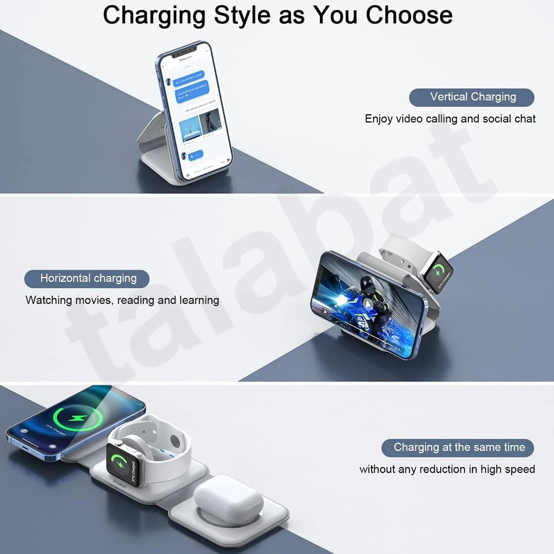 SMARTUNO | 3 in 1 Magnetic Foldable Wireless Charger Compatible for iPhone 15/14/13/12 Series | Compatible with AirPods 2/3/Pro & iWatch Series | MagSafe Compatible | White