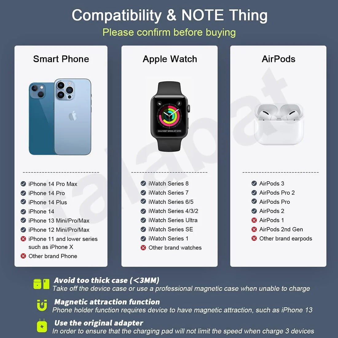 SMARTUNO | 3 in 1 Magnetic Foldable Wireless Charger Compatible for iPhone 15/14/13/12 Series | Compatible with AirPods 2/3/Pro & iWatch Series | MagSafe Compatible | White