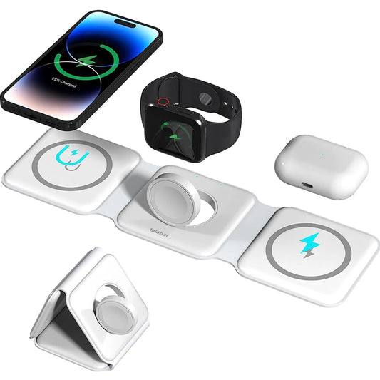 SMARTUNO | 3 in 1 Magnetic Foldable Wireless Charger Compatible for iPhone 15/14/13/12 Series | Compatible with AirPods 2/3/Pro & iWatch Series | MagSafe Compatible | White