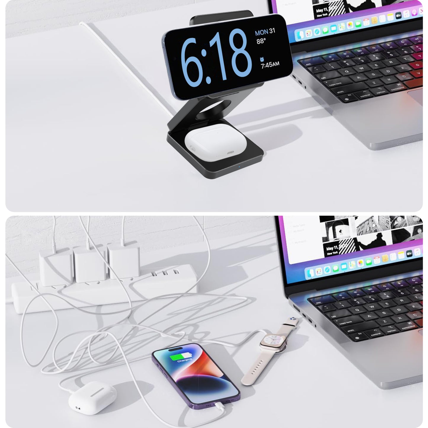 SMARTUNO™ Trifold 3-in-1 MagSafe Qi2 Fast Wireless Charger Stand for iPhone, AirPods, iWatch & Other Qi2-Enabled Devices