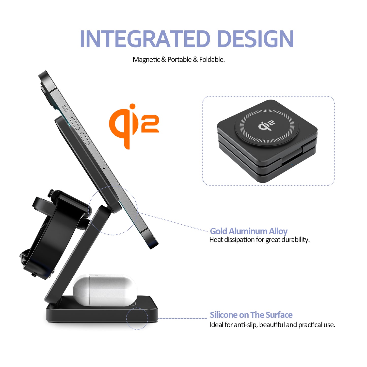 SMARTUNO™ Trifold 3-in-1 MagSafe Qi2 Fast Wireless Charger Stand for iPhone, AirPods, iWatch & Other Qi2-Enabled Devices