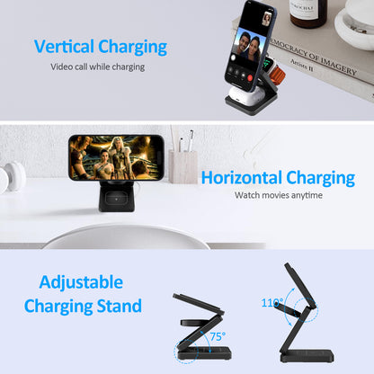 SMARTUNO™ Trifold 3-in-1 MagSafe Qi2 Fast Wireless Charger Stand for iPhone, AirPods, iWatch & Other Qi2-Enabled Devices