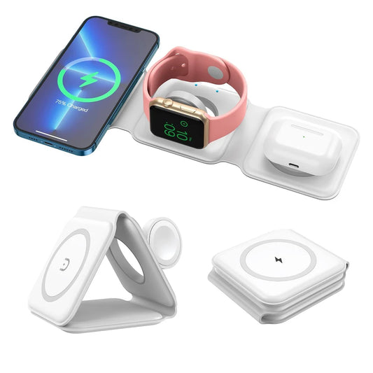 SMARTUNO | 3 in 1 Magnetic Foldable Wireless Charger Compatible for iPhone 15/14/13/12 Series | Compatible with AirPods 2/3/Pro & iWatch Series | MagSafe Compatible | White