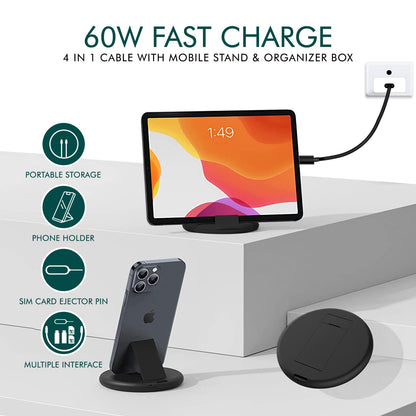 All in One 60W USB C to C Fast Charging Travel Cable Set Type C,Lightening and Micro USB Port Inbuilt Mobile Stand Compatible with iPhone,iPad,Samsung,OnePlus,Mi,Oppo,Vivo,iQOO (All in 1,Black)