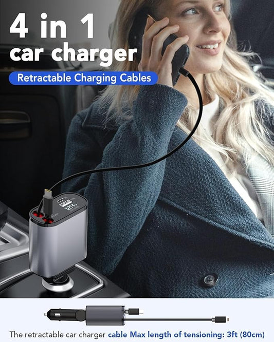 Smarte | 4 in 1 Retractable cables 2 Type C and iOS Fast Charging Car Phone Charger