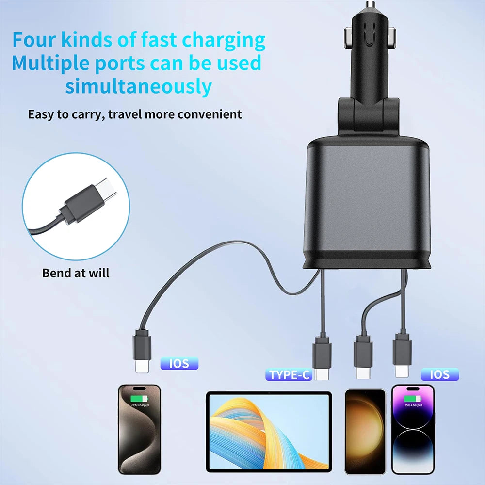 Smarte | 4 in 1 Retractable cables 2 Type C and iOS Fast Charging Car Phone Charger