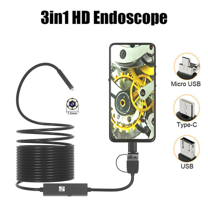 SMARTUNO™ 3-in-1 Endoscope Camera, Inspection Camera, Waterproof IP67, 6 LED, USB, Type-C & Android/PC
